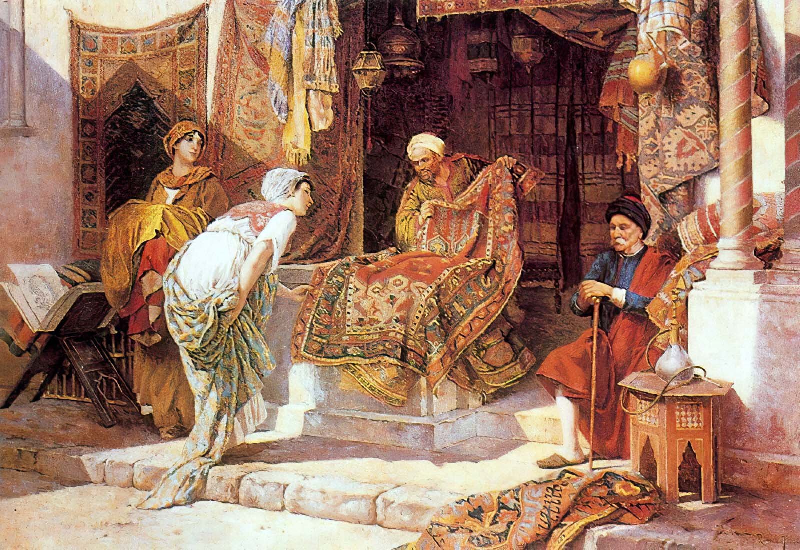 Pintura orientalista de um bazar de tapetes, por Francesco Ballesio