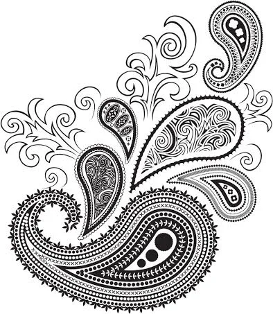 Desenho a traço, em preto e branco, de formas paisley, o nome ocidental do botéh