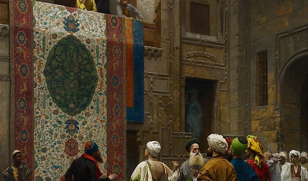 Orientalist painting with an oriental carpet by Jean-Leon Gerome